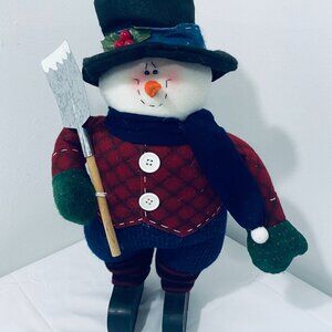 Christmas Snowman 17" Standing Plush, Metal Shovel, Wooden Boots, Felt Hat